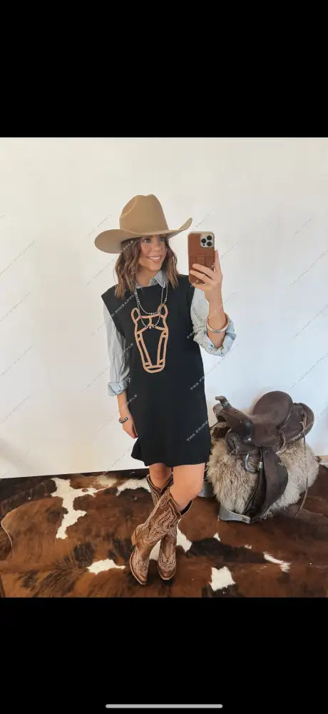 Howdy Horse Sweater Dress (Black)