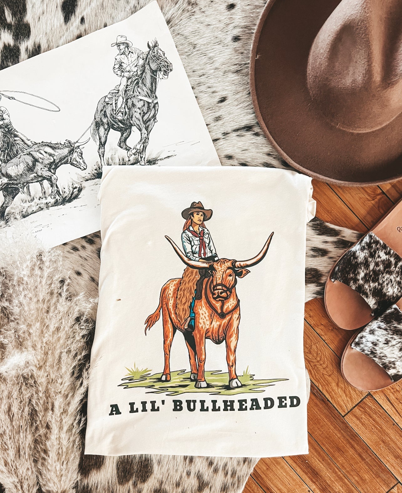 Longhorn Cowgirl Tee or Sweatshirt (Adult)(Cream)