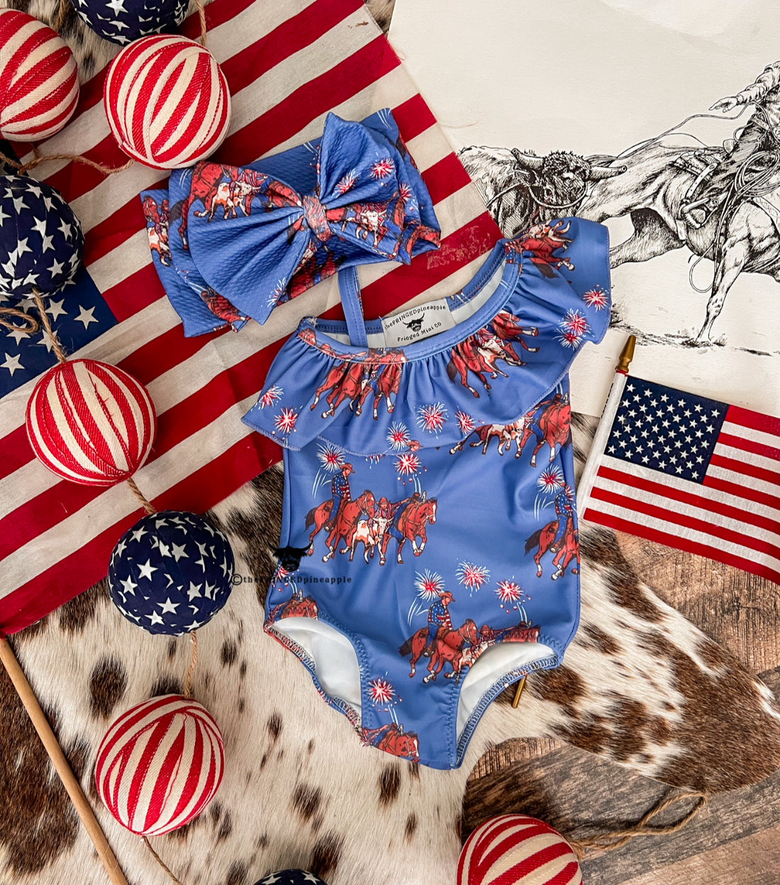Western 4 Of July-Bulldogger Ruffle Swimsuit(Minis)