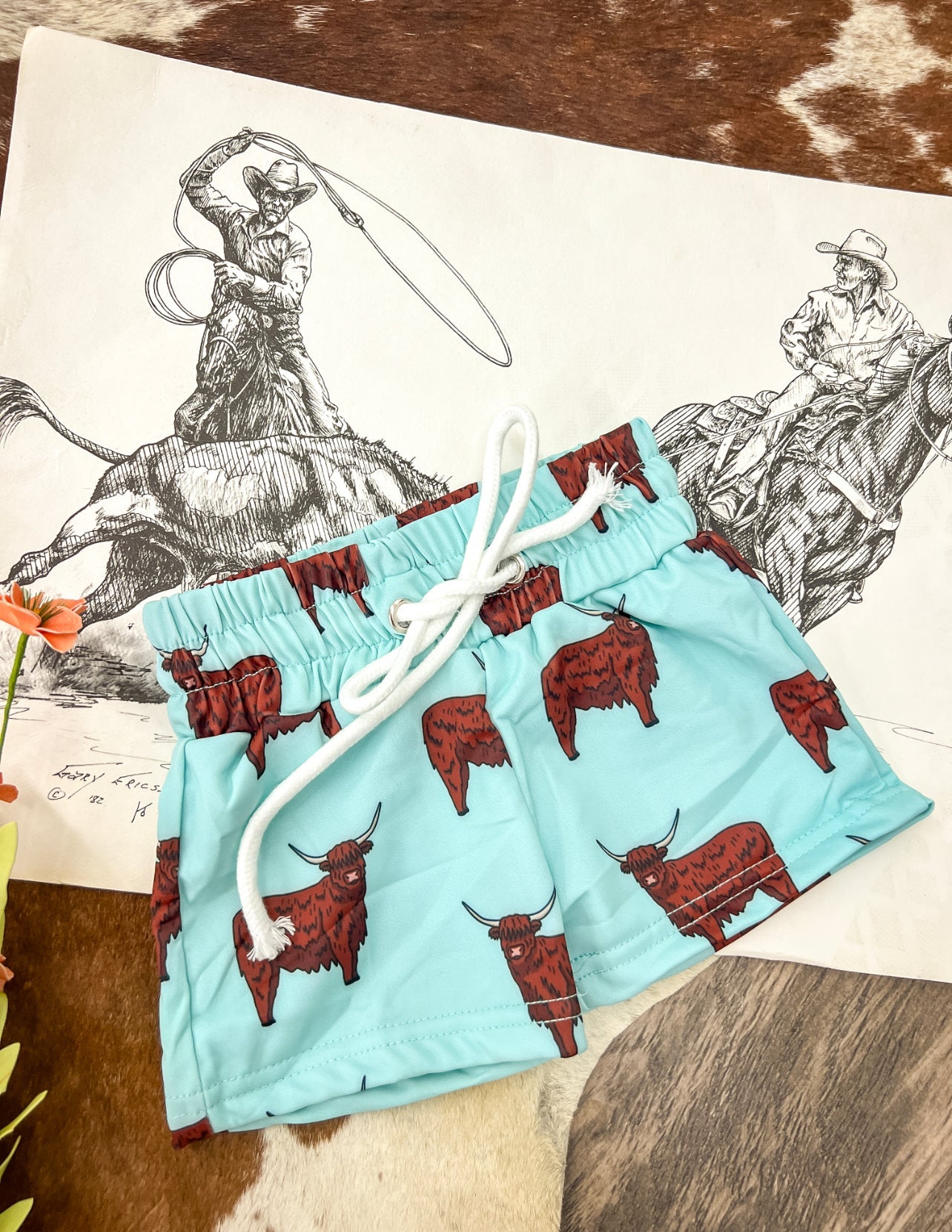 Howdy Highland Blue Swim Trunks (little kid) NB