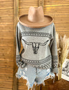 Out To Pasture-Longhorn Sweater(Grey)