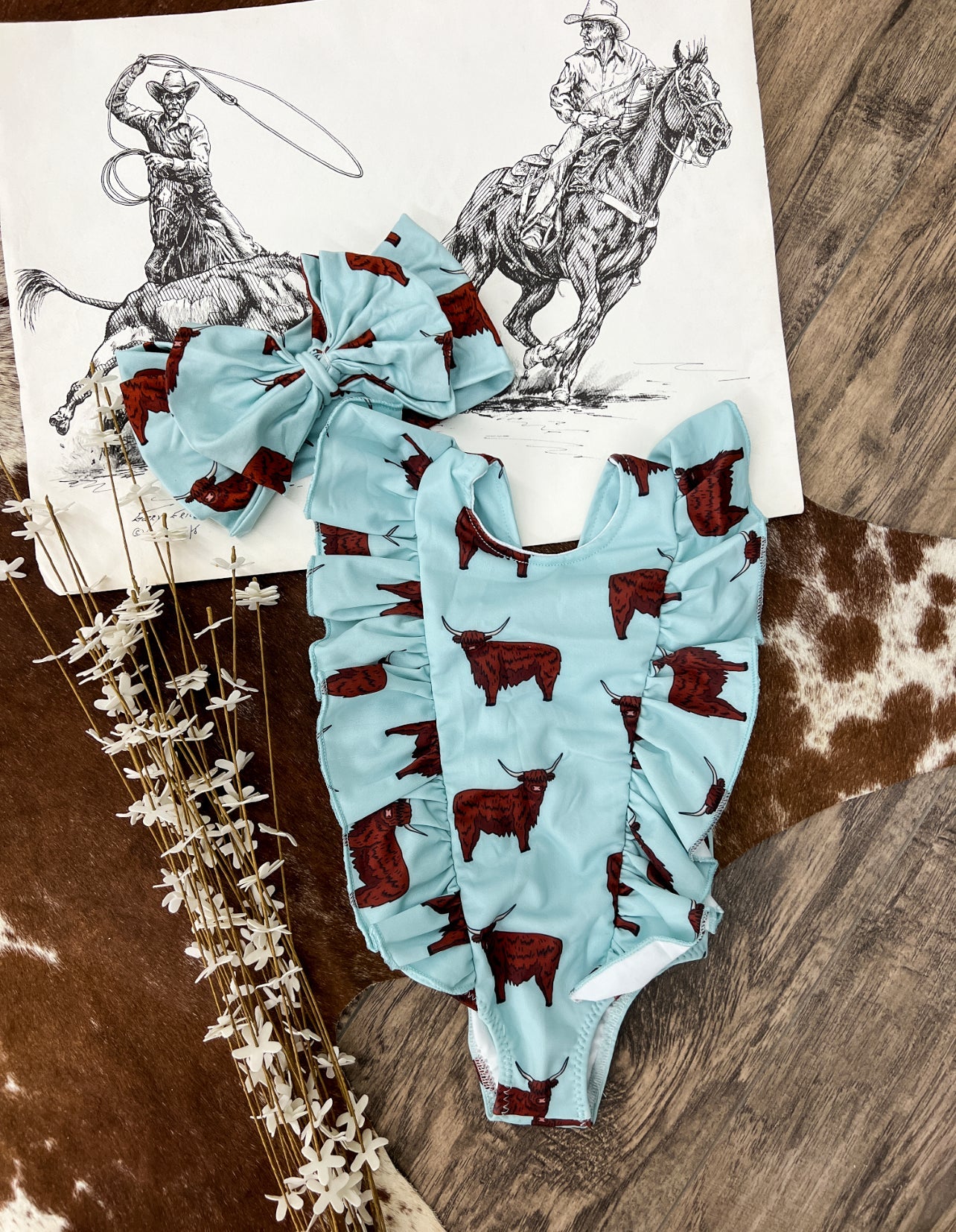 Howdy Highland Blue Ruffle Swimsuit