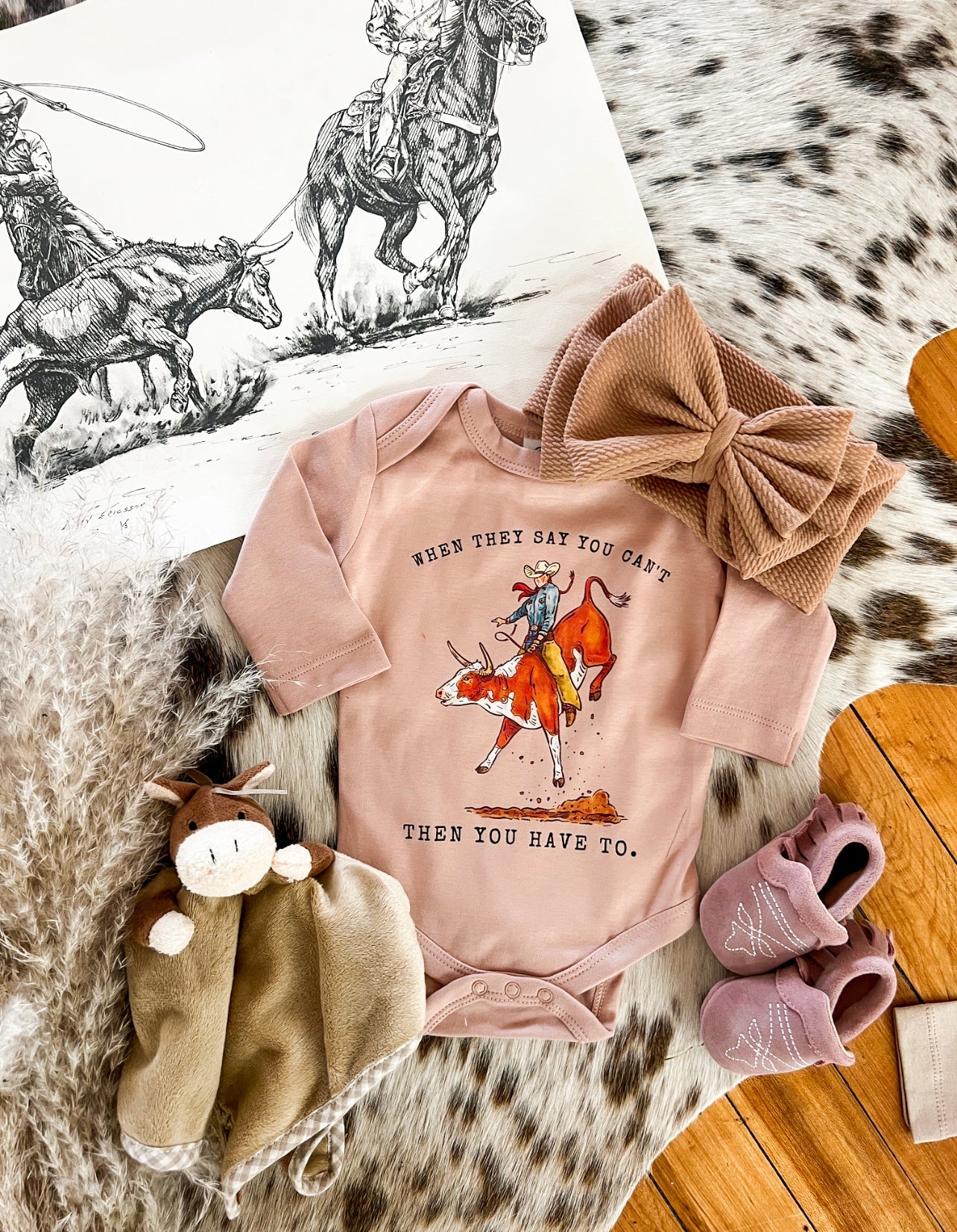 Bullrider Cowgirll Longsleeve Onesie(little kid)(pink)