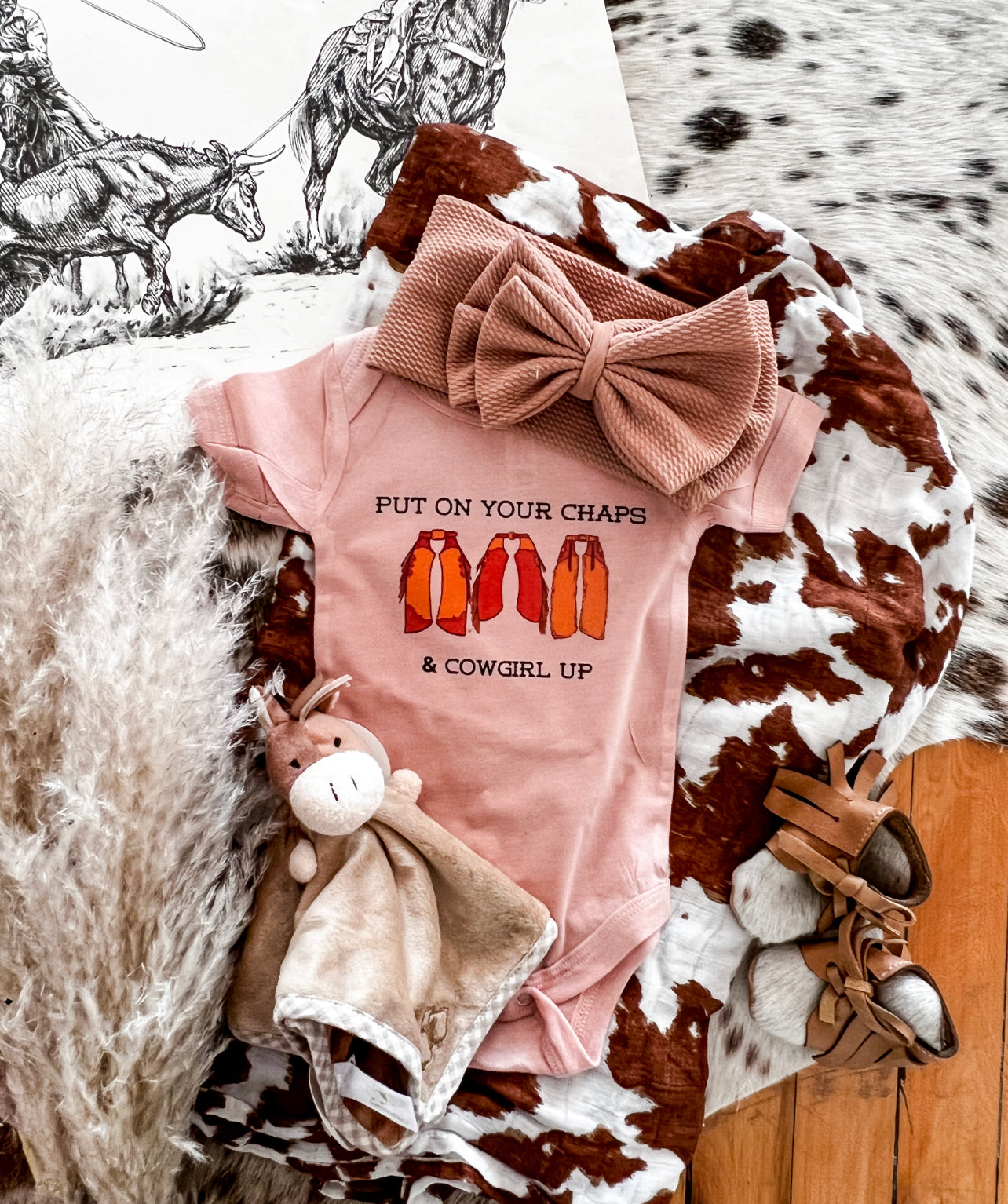 Chaps Cowgirl Design (Youth Onesie/Tee)(salmon pink/Cream)
