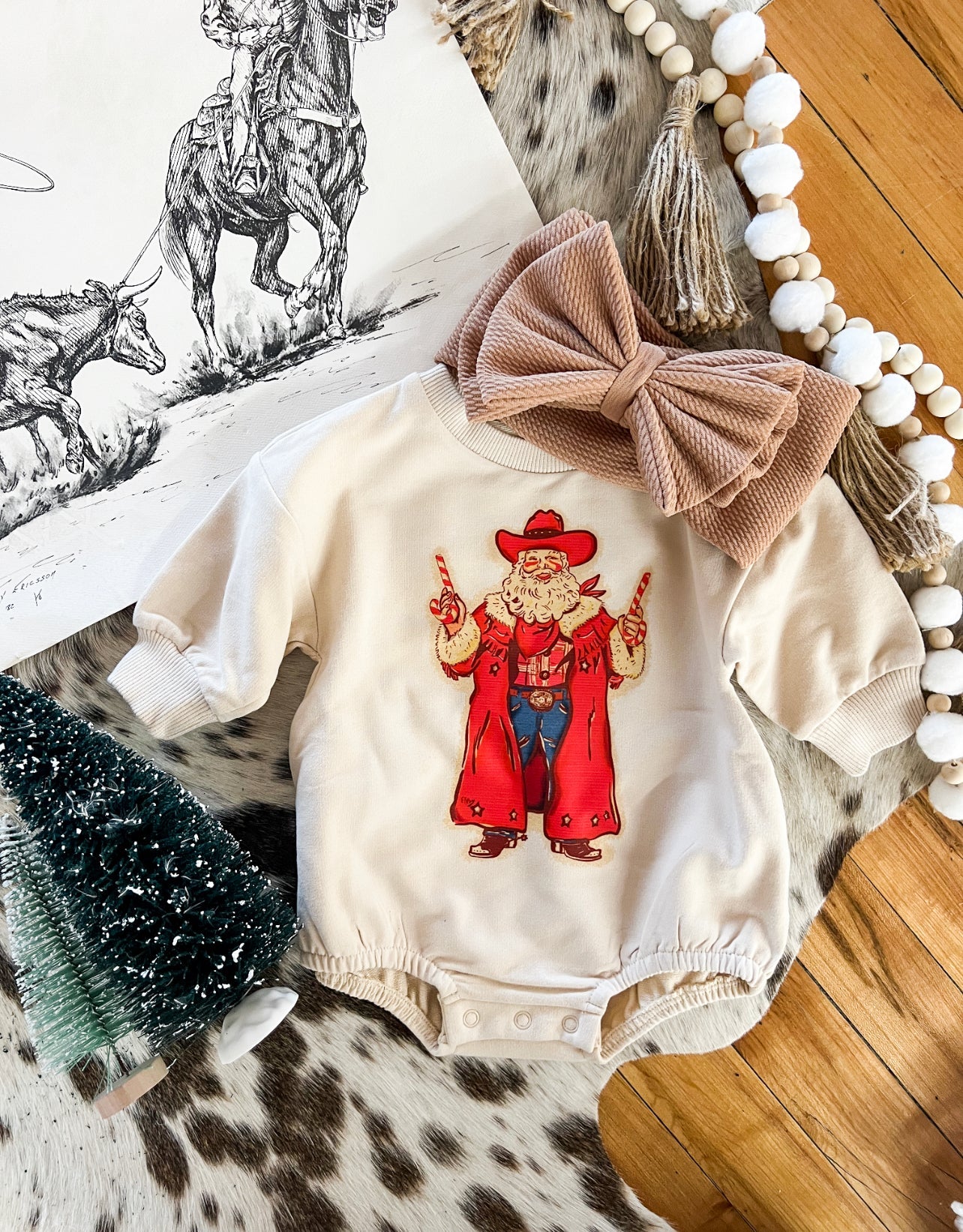 Outlaw Cowboy Santa Christmas Bubble Romper (cream)