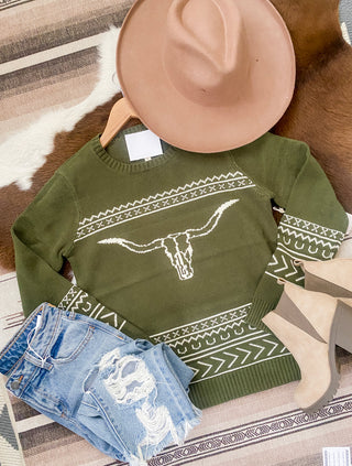 Out To Pasture-Longhorn Sweater(Olive)