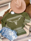 Out To Pasture-Longhorn Sweater(Olive)