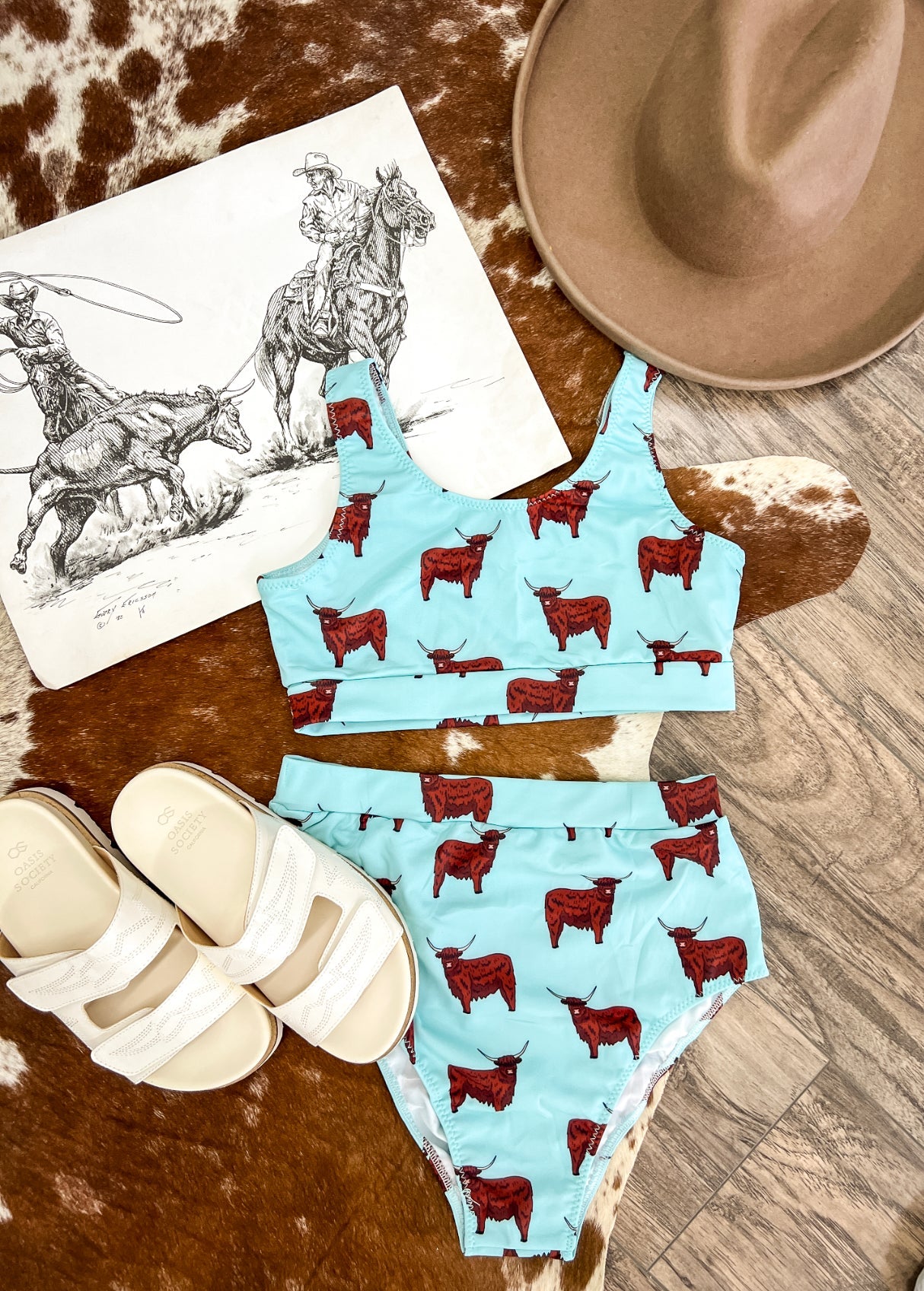 Howdy Highland Blue High Waisted Swimsuit (womens)(final sale)