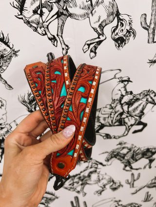 Tooled Leather Purse Strap (dark red flower)
