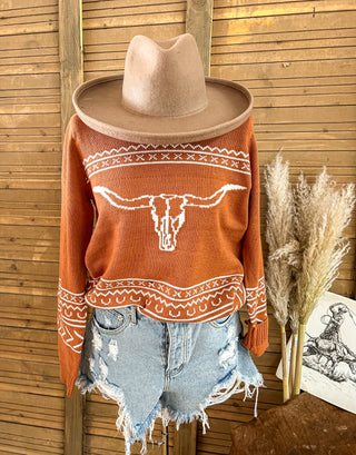 Out To Pasture-Longhorn Sweater(Rust)