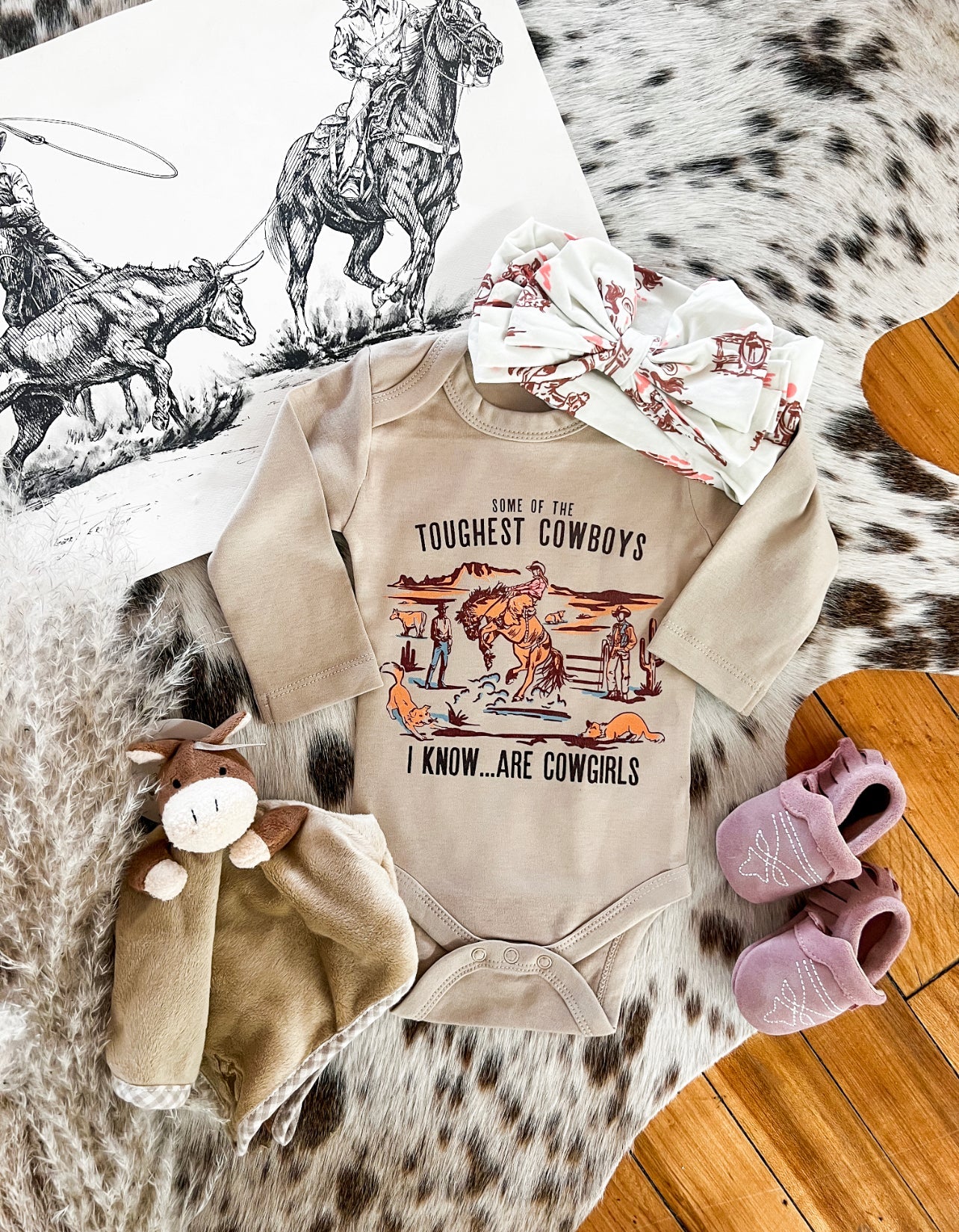 Toughest Cowgirl Longsleeve Onesie(little kid)(clay)