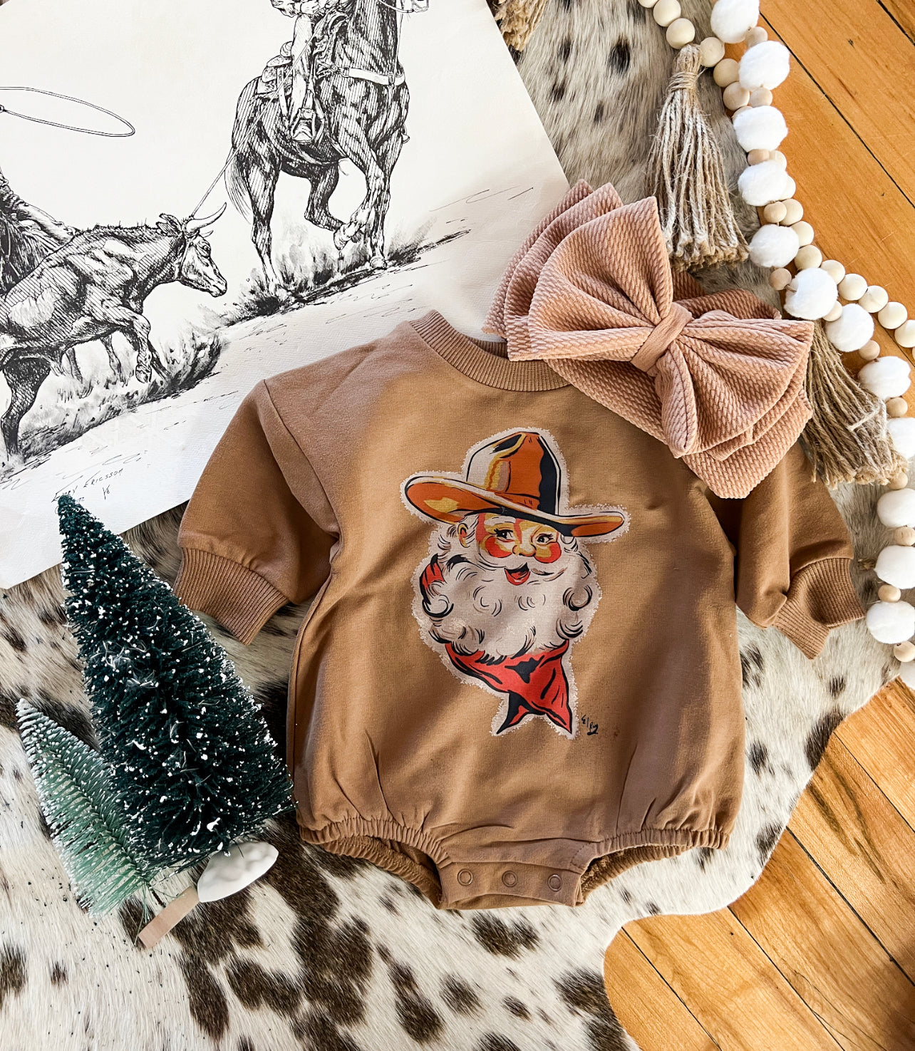 Cowboy Santa Christmas Bubble Romper (cognac)