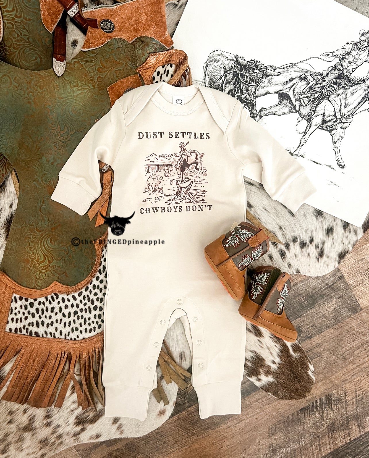 Dust Settles Cowboys Don’t (Organic One piece Long Onesie)(Cream)