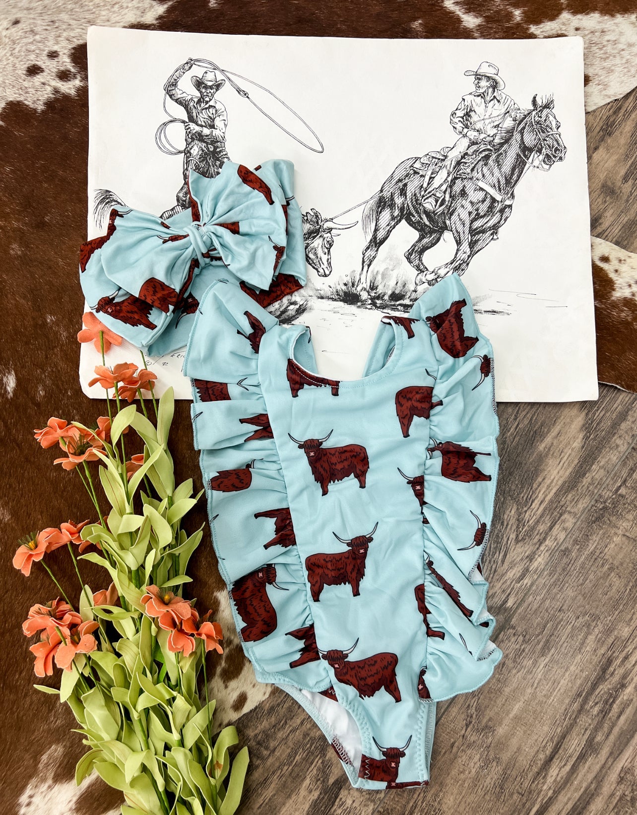 Howdy Highland Blue Ruffle Swimsuit