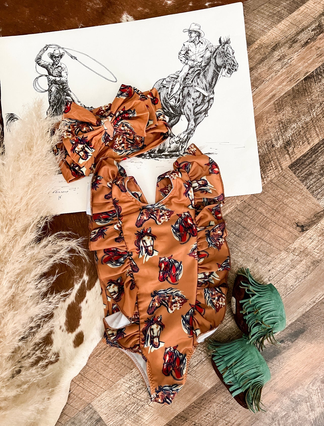 Ride The Pony Wild HorseCamel Ruffle Swimsuit(Kids) NB