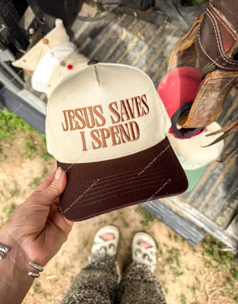 Jesus Saves I Spend Embroidered Trucker Hat (Brown)