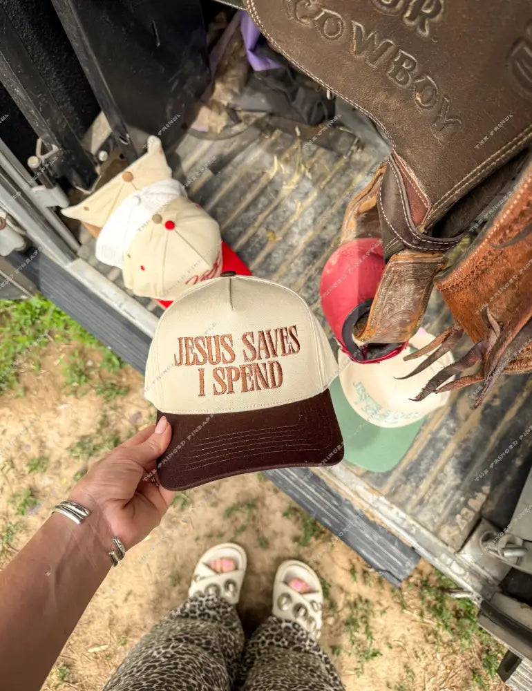 Jesus Saves I Spend Embroidered Trucker Hat (Brown)