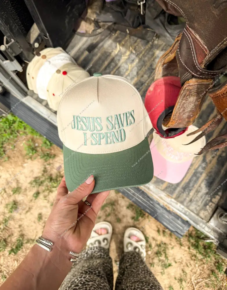 Jesus Saves I Spend Embroidered Trucker Hat (Sage)
