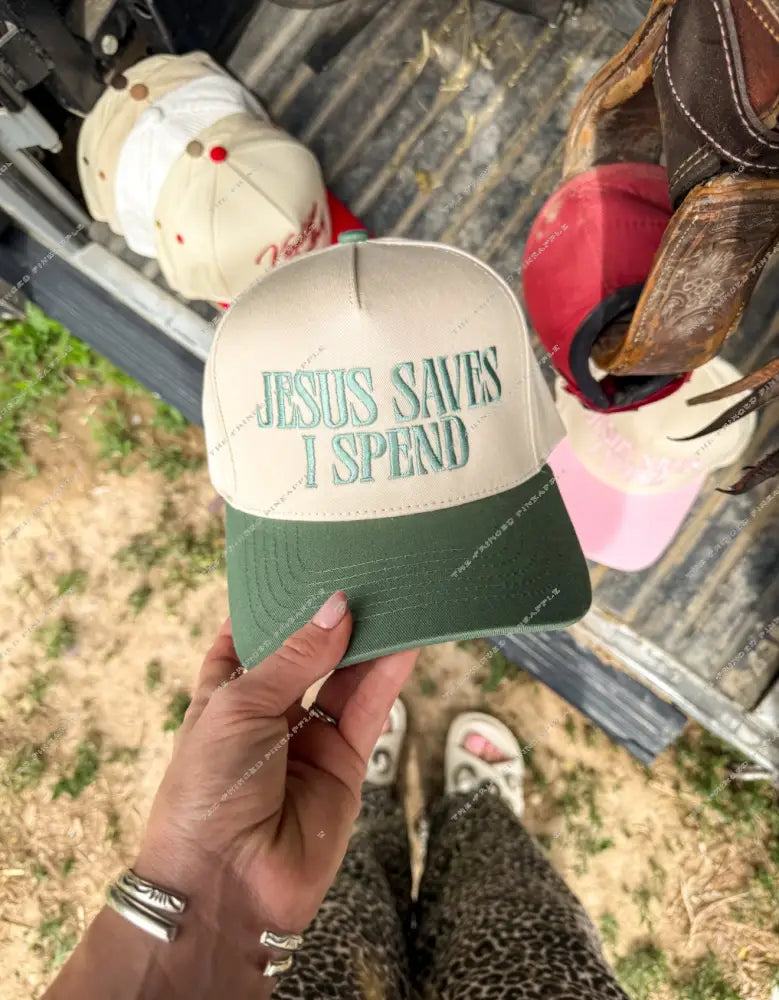 Jesus Saves I Spend Embroidered Trucker Hat (Sage)