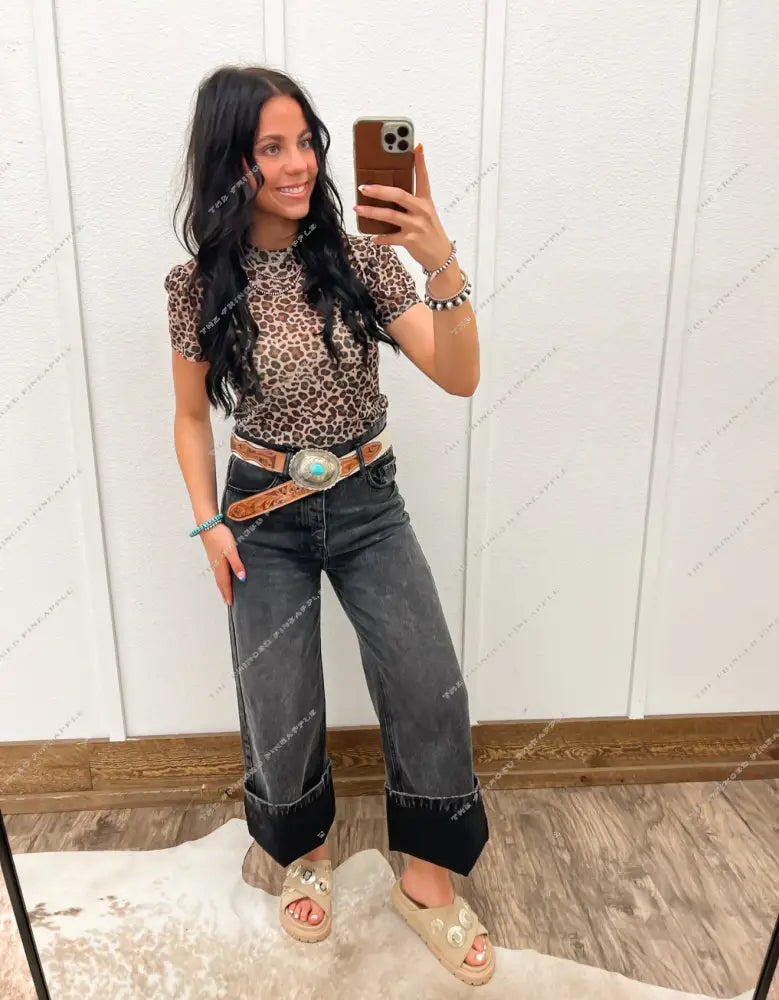 Leopard Puff Sleeve Mesh Top