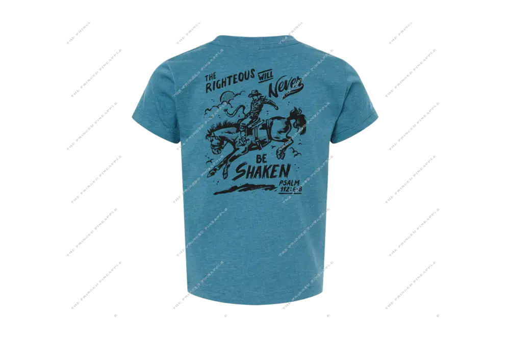 ’Never Be Shaken’ Kids Bronc Rider Tee-Psalm 112:6-8(DeepHeatherTeal)