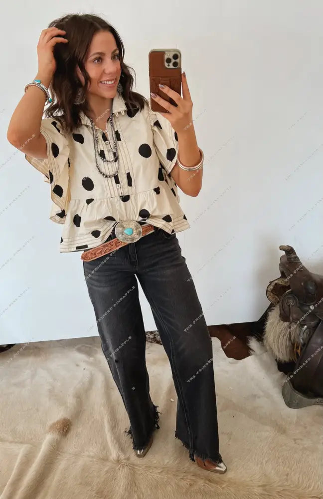 Polka Dot Ruffle Blouse Tops -Blouses