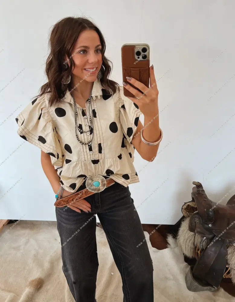 Polka Dot Ruffle Blouse Tops -Blouses