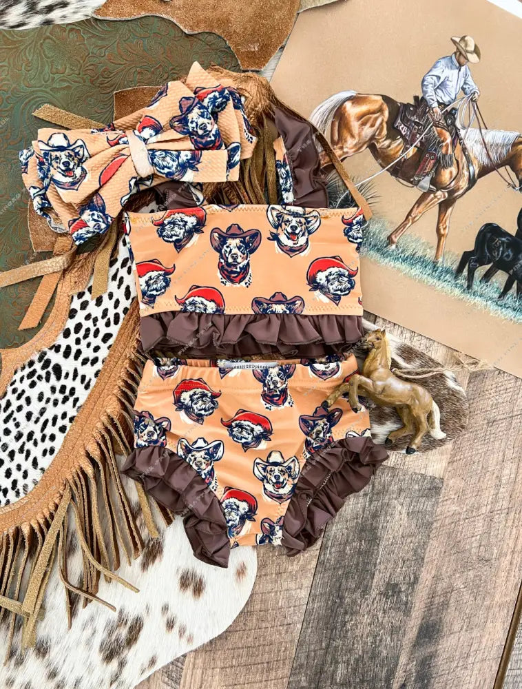 Ranch Dogs W/ Brown Ruffle Two Piece Swimsuit (Minis)