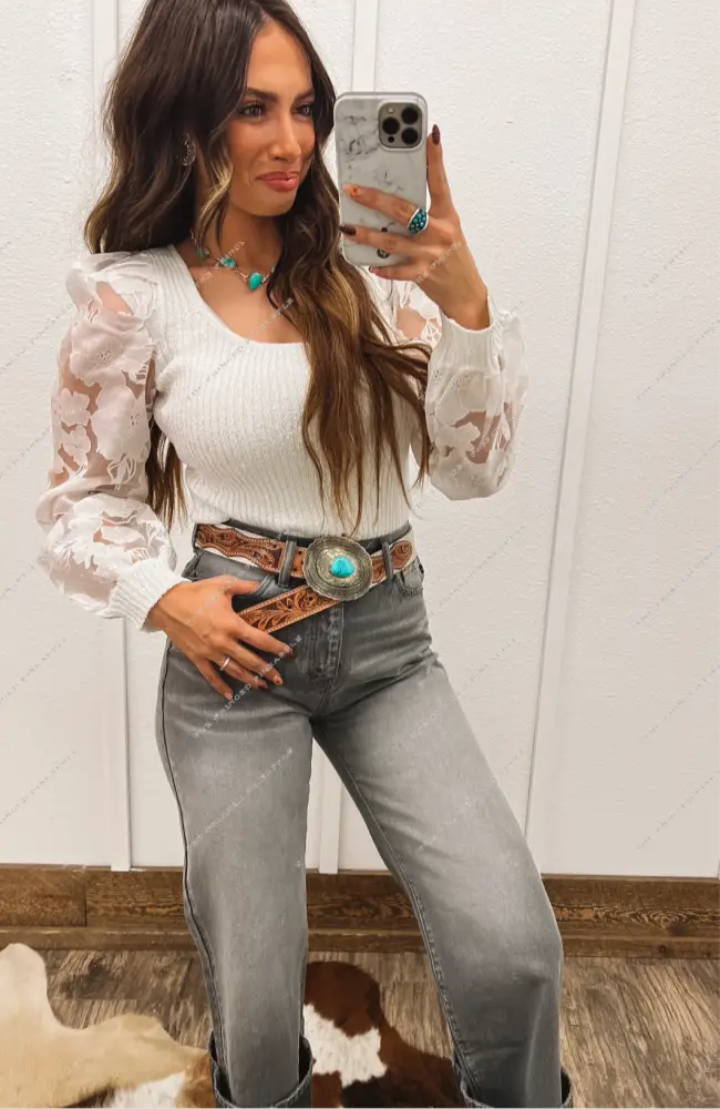 (restocking)Cowboy Sweater With Mesh Floral Sleeves