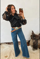 Rocky Striped Sheer Front Tie Blouse (Black) Top