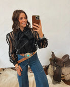 Rocky Striped Sheer Front Tie Blouse (Black) Top