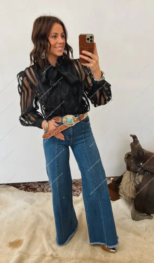 Rocky Striped Sheer Front Tie Blouse (Black) Top