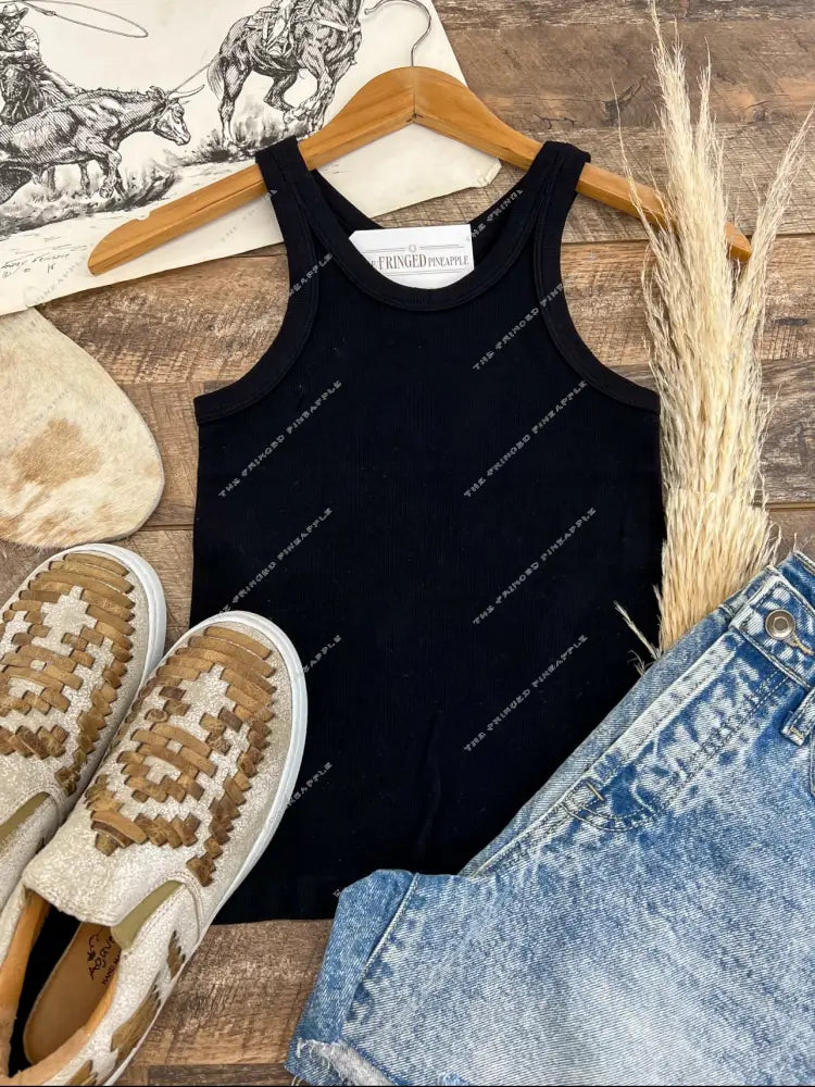 Seamless Ribbed High Neck Tank (Black)
