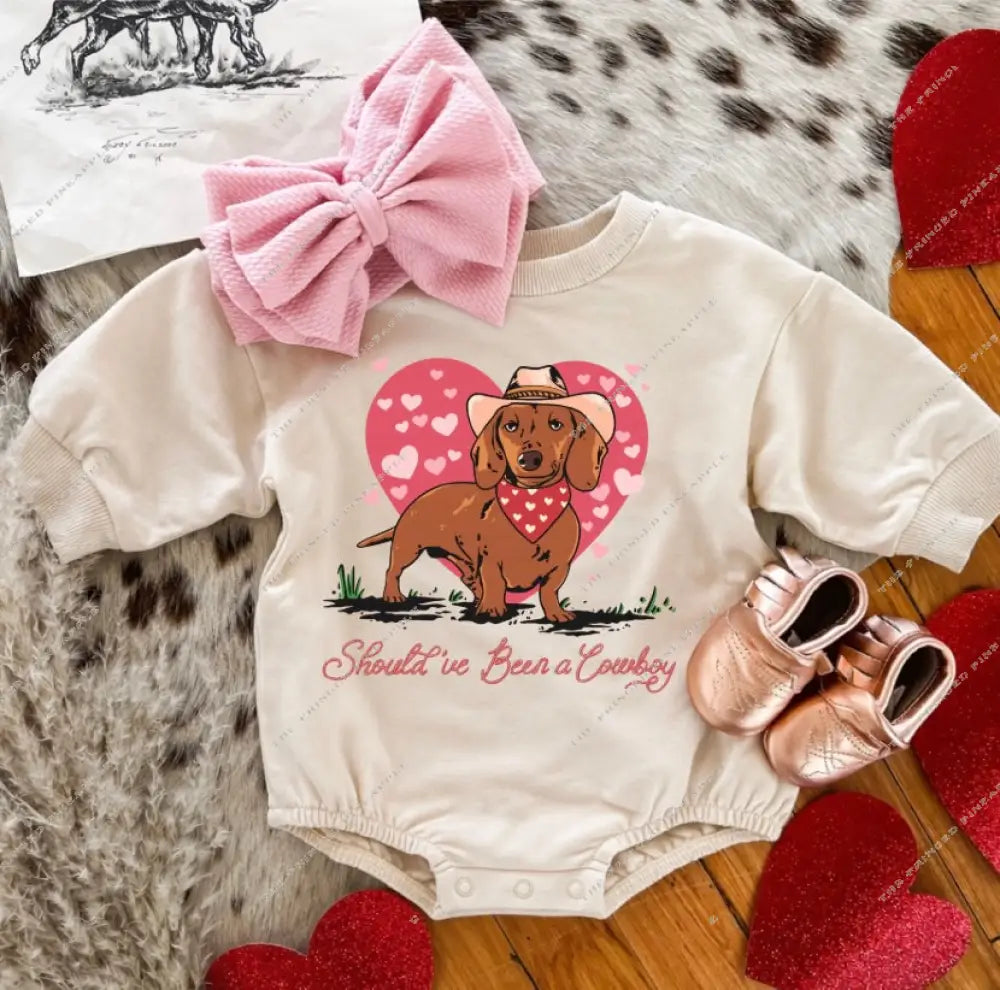 Shoud’ve Been A Cowboy Valentines Bubble Romper (Infant)((Cream)
