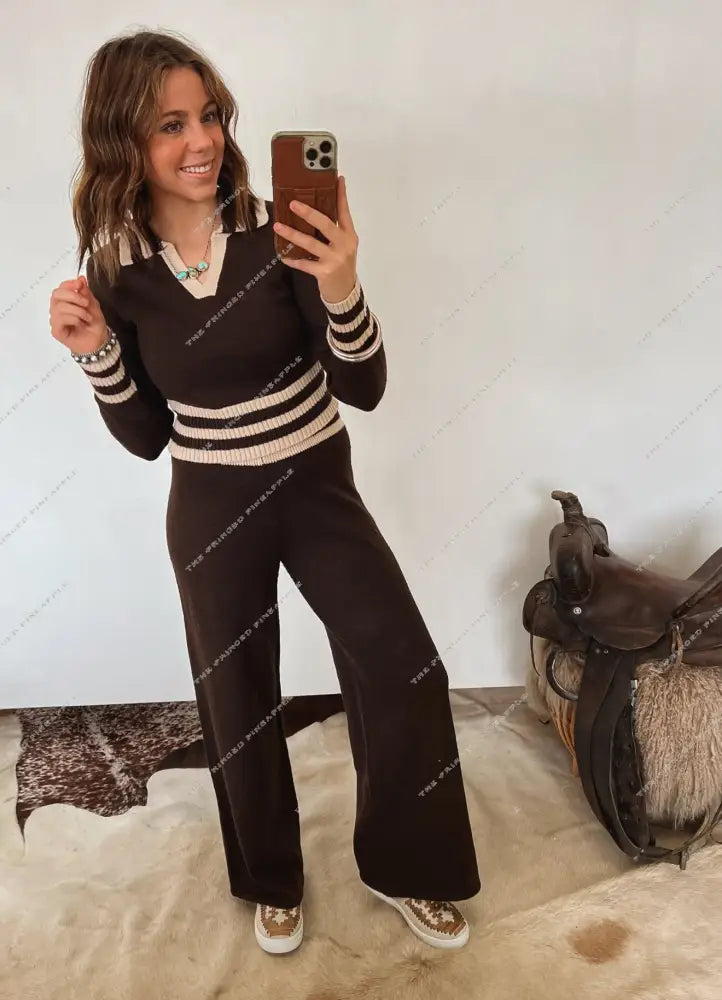 Varsity Stripe Wide Leg Set (Brown)