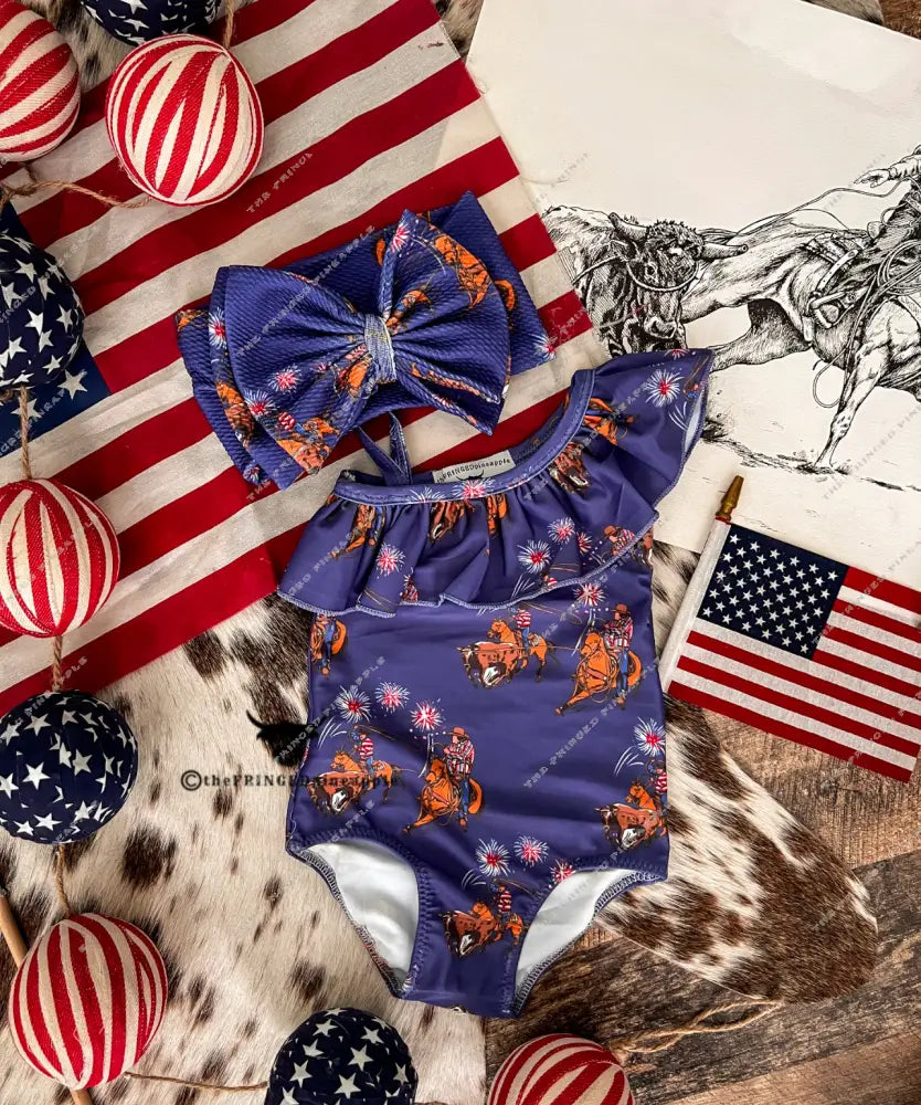 Western 4 Of July-Team Roper Ruffle Swimsuit(Minis)