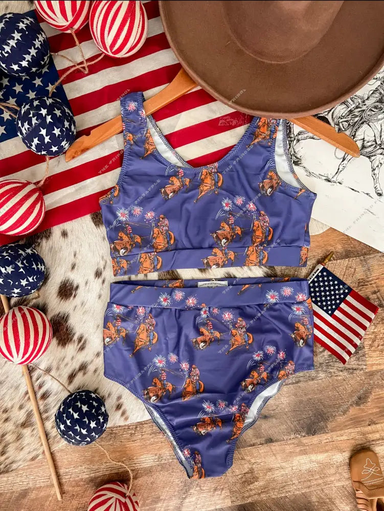 Western 4th Of July-Team Roper High Waisted Swimsuit (womens)(final sale) 2XL