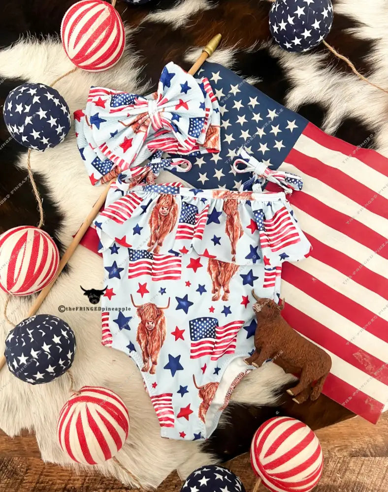 Western Blue Highland Flag Double Tie Swimsuit (final sale) 0-3m (4xs)