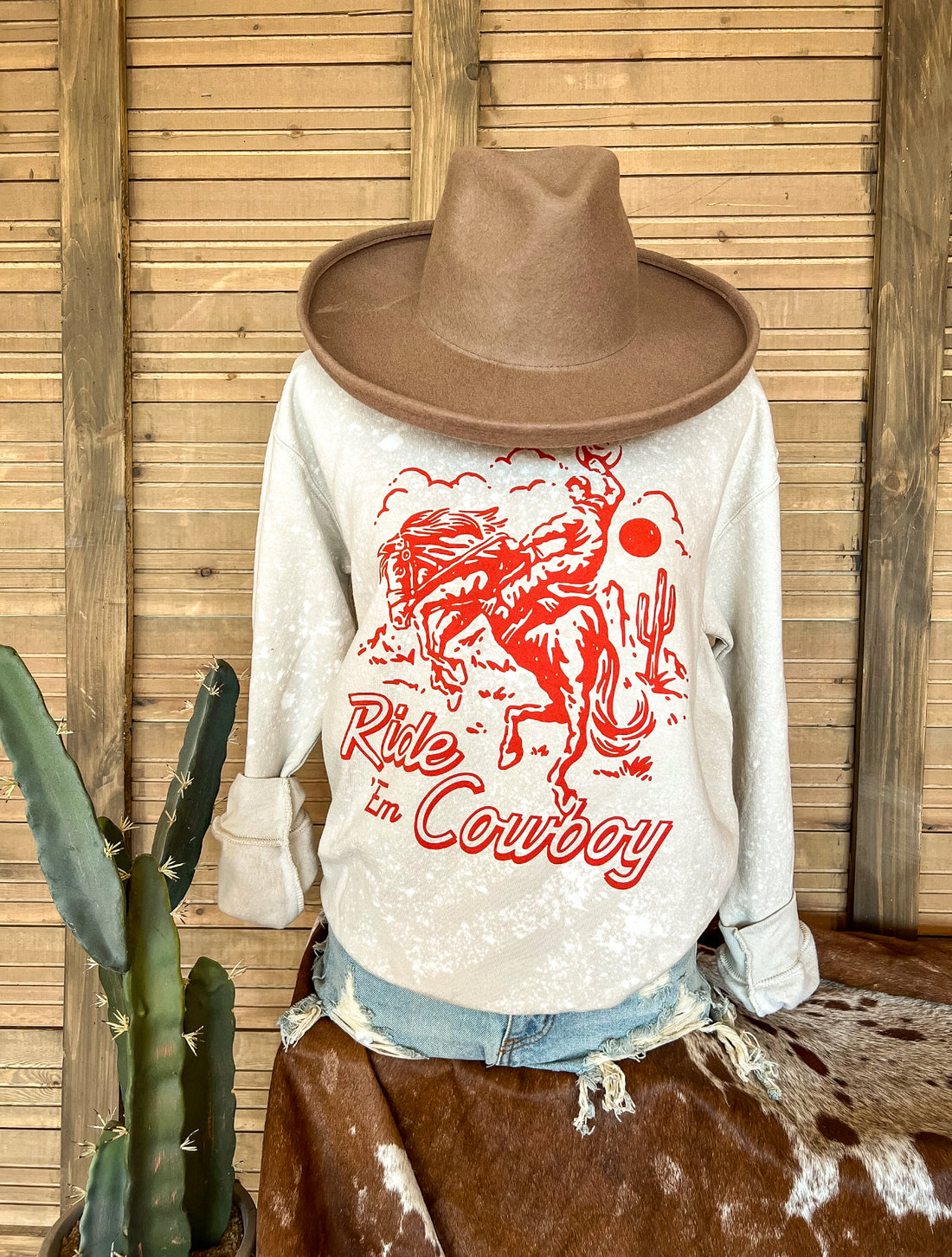 Ride Em Cowboy Sweatshirt(Taupe-Bleached)