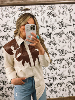Wild Cowgirls Faux Leather Button Down(Brown)
