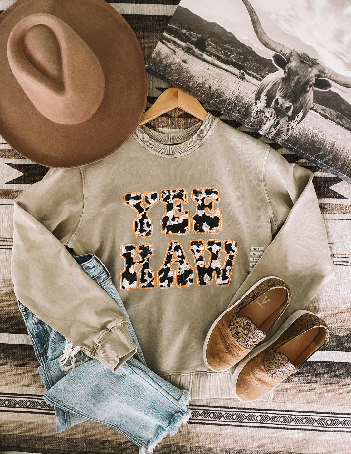 Yeehaw Cowprint Sweatshirt (vanilla bean) – theFRINGEDpineapple