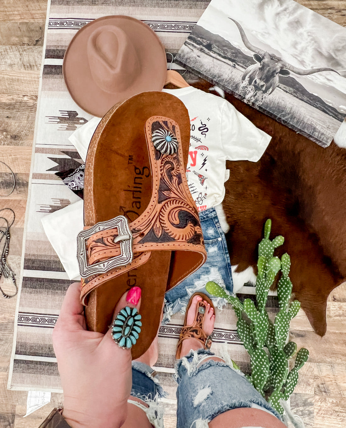 The Stockyard Tooled Leather  Sandal (turquoise concho)