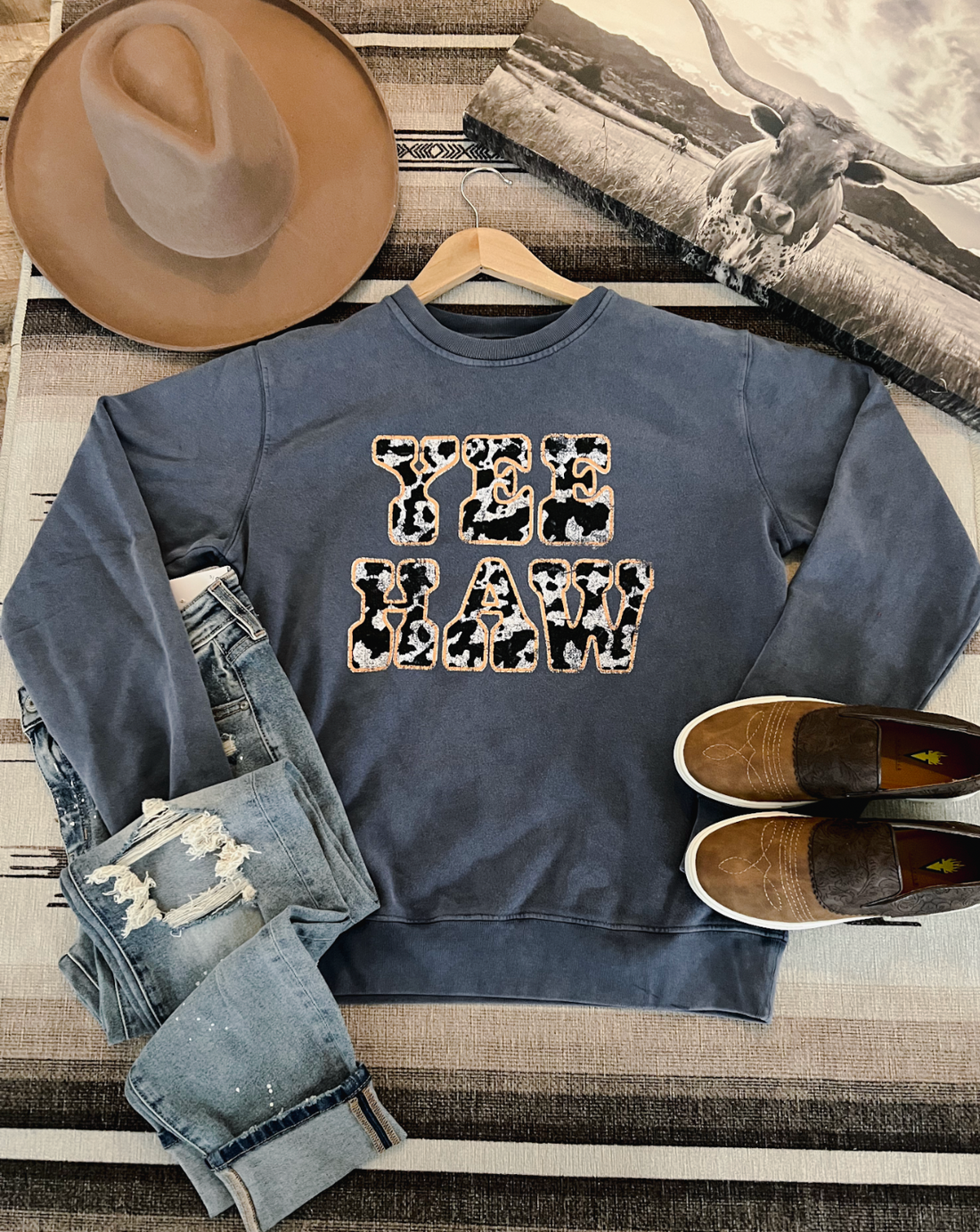 Yeehaw Cowprint Sweatshirt (Navy)