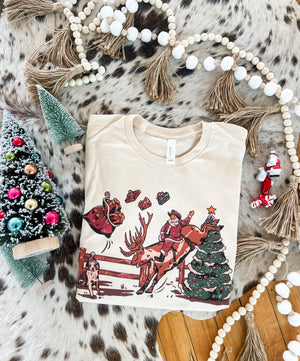 Buckin Reindeer Christmas Design Tee or Sweatshirt (cream) (Adult)