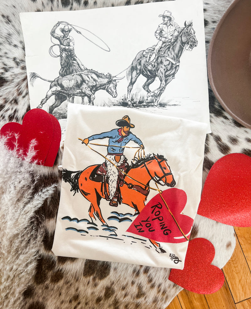 Calf Roper Valentines Cowboy Design Tee or Sweatshirt (cream) (Adult)