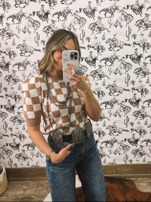 Checker Board Puff Sleeve Top(Taupe)